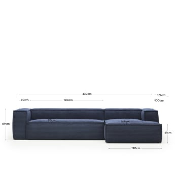 Blok 4 seater sofa with right side chaise longue in blue wide seam corduroy, 330 cm FR - sizes