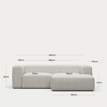 Blok 2 seater sofa with right side chaise longue in white fleece, 240 cm FR - Größen