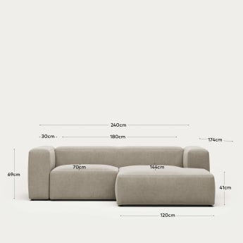 Blok 2 seater sofa with right side chaise longue in beige, 240 cm FR - sizes