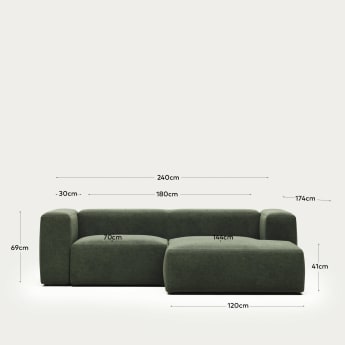 Sofa Blok 2-osobowa z szezlongiem z prawej strony w kolorze zielonym 240 cm FR - rozmiary