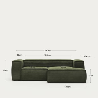 Sofa Blok z prawym szezlongiem 2-osobowa zielony gruby sztruks 240 cm - rozmiary