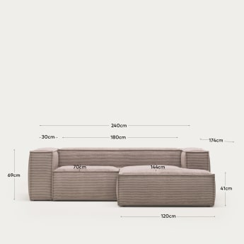 Blok 2 seater sofa with right side chaise longue in pink wide seam corduroy, 240 cm - sizes
