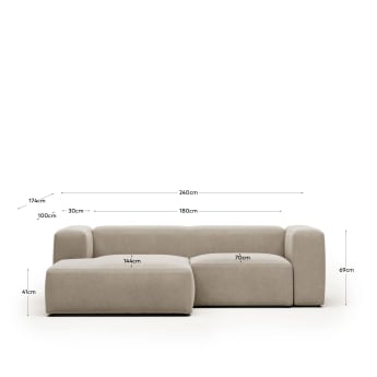 Blok 2 seater sofa with left side chaise longue in beige, 240 cm FR - sizes