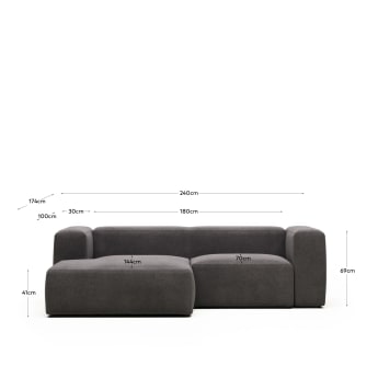 Blok 2 seater sofa with left side chaise longue in grey, 240 cm FR - dimensions
