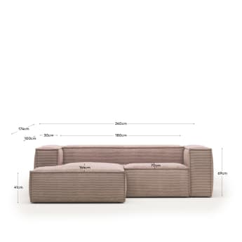 Blok 2 seater sofa with left side chaise longue in pink corduroy, 240 cm FR - sizes