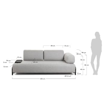 Sofa 3-osobowa Compo w kolorze beżowym z małą tacą 232 cm - rozmiary