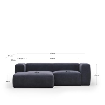 Blok 2 seater sofa with left side chaise longue in blue, 240 cm FR - sizes