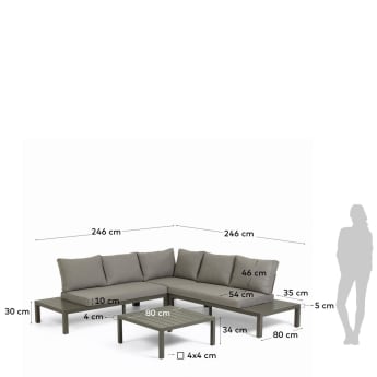 Divano angolare 5 posti componibile e tavolo Duka in alluminio marrone - dimensioni