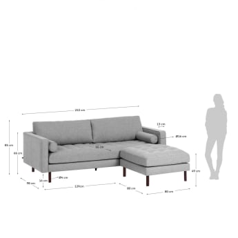 Debra 3 seater sofa with footrest in light grey, 222 cm - sizes