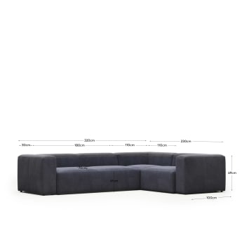 Blok 4 seater corner sofa in blue, 320 x 230 cm / 230 x 320 cm FR - sizes