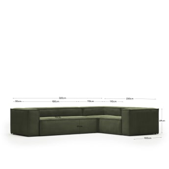 Canapé d’angle Blok 4 places velours à grosses côtes vert 320 x 230 cm / 230 x 320 cm FR - dimensions