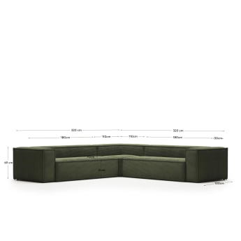 Blok 6 seater corner sofa in green corduroy, 320 x 320 cm FR - dimensions