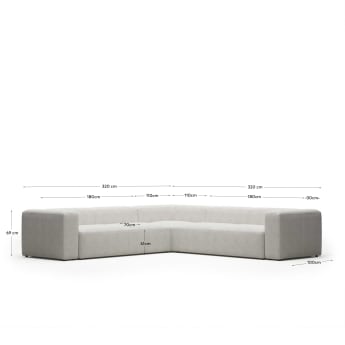 Blok 6 seater corner sofa in white fleece, 320 x 320 cm FR - dimensions