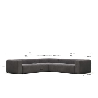 Blok 6 seater corner sofa in grey, 320 x 320 cm FR - maten