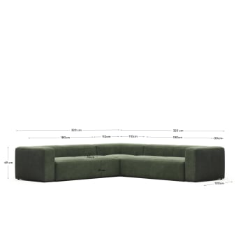 Blok 6 seater corner sofa in green, 320 x 320 cm FR - dimensions