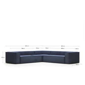 Sofa narożna Blok 6-osobowa niebieski gruby sztruks 320 x 320 cm FR - rozmiary