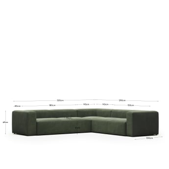 Sofa narożna Blok 5-osobowa zielona 320 x 290 cm / 290 x 320 cm FR - rozmiary