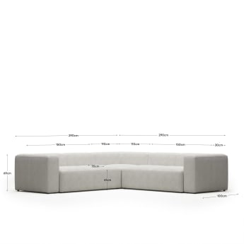 Blok 4 seater corner sofa in white fleece, 290 x 290 cm FR - dimensions