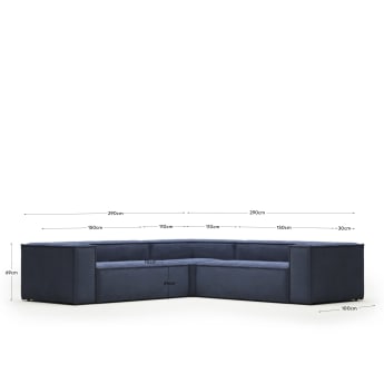 Blok 4 seater corner sofa in blue corduroy, 290 x 290 cm FR - maten