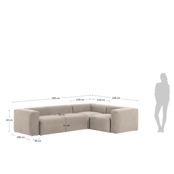 Sofá de canto Blok 3 lugares bege 290 x 230 cm / 230 cm 290 cm - tamanhos
