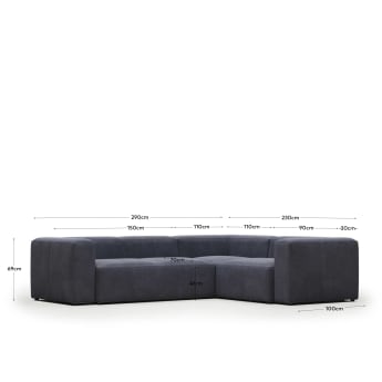 Blok 3 seater corner sofa in blue, 290 x 230 cm / 230 cm 290 cm FR - sizes