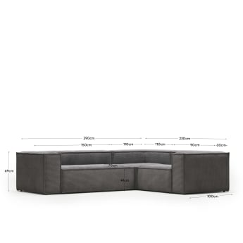 Blok 3 seater corner sofa in grey wide seam corduroy, 290 x 230 cm / 230 cm 290 cm FR - sizes