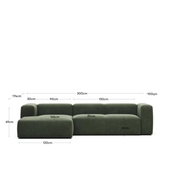 Blok 3 seater sofa with left side chaise longue in green, 300 cm FR - maten