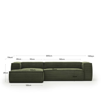 Sofa Blok z lewym szezlongiem 3-osobowa zielony gruby sztruks 300 cm - rozmiary