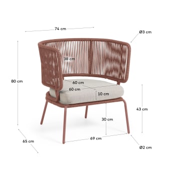 Fotel Nadin z ocynkowanej stali i liny w kolorze terakota - rozmiary