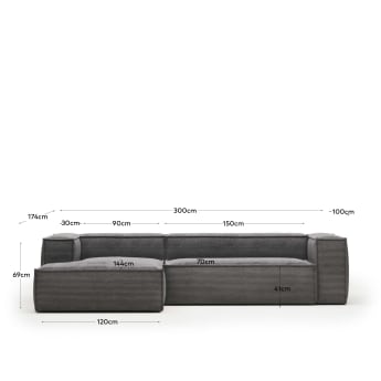 Blok 3 seater sofa with left side chaise longue in grey wide seam corduroy, 300 cm - sizes