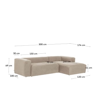 3-zitsbank Blok beige met chaise longue rechts 300 cm - maten