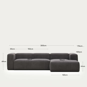 Blok 3 seater sofa with right side chaise longue in grey, 300 cm FR - dimensions