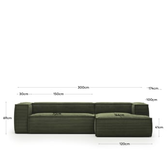 Blok 3 seater sofa with right side chaise longue in green corduroy, 300 cm - sizes