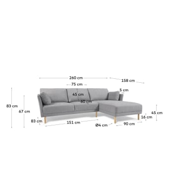 Gilma 3-Sitzer Sofa mit Chaiselongue rechts grau und Beinen mit natürlichem Finish 260 cm - Größen