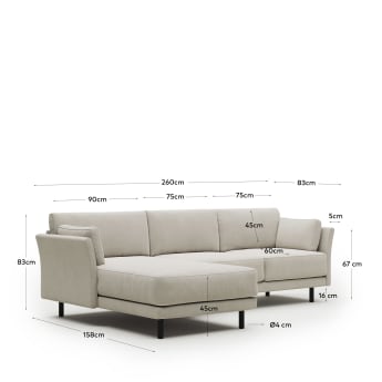 Gilma 3 seater sofa with left/right side chaise in beige w/ black finish legs, 260 cm FR - sizes