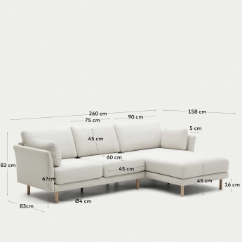 Gilma parel 3-zitsbank chenille links/rechts chaise longue met natuurlijke poten 261 cm - maten