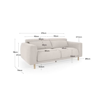 Singa 3 seater sofa in white, 215 cm - sizes