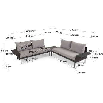Set esterno Zaltana divano ad angolo, tavolo alluminio verniciato grigio scuro opaco 164cm - dimensioni