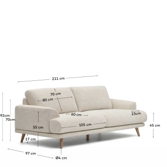 Karin 2 seater sofa in beige with solid beech wood legs, 210 cm - sizes
