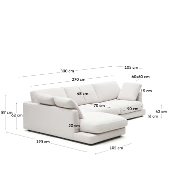 Gala 4 seater sofa with left side chaise longue in white, 300 cm - sizes
