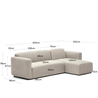 Neom 3 seater modular sofa, right/left chaise longue in beige, 263 cm - sizes
