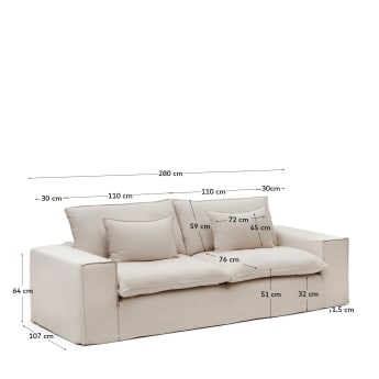 Anarela 3 seater sofa with removable covers and beige linen cushions, 280 cm - sizes