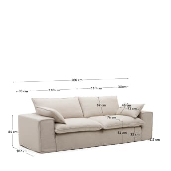 Canapé déhoussable Anarela 3 places avec coussins en lin beige  280 cm - dimensions