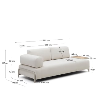 Sofa 3-osobowa Compo z beżowym szenilem i okleiną dębową, z dużą tacą, z szarą metalową strukturą 232cm - rozmiary