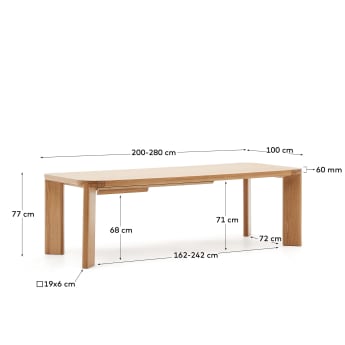 Table extensible Jondal en bois et placage de chêne FSC 100 % 200 (280) x 100 cm - dimensions