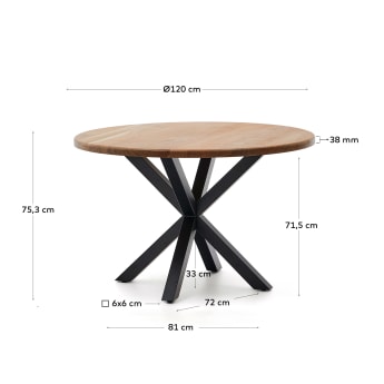 Table ronde Argo en bois d'acacia et pieds en acier finition noire  Ø 120 cm - dimensions