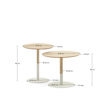 Watse set of 2 side tables in oak wood veneer and matte white metal, Ø 40 cm/Ø 48 cm - sizes
