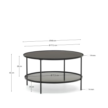 Gilda salontafel van gehard glas en metaal met matzwarte afwerking, Ø 80 cm - maten