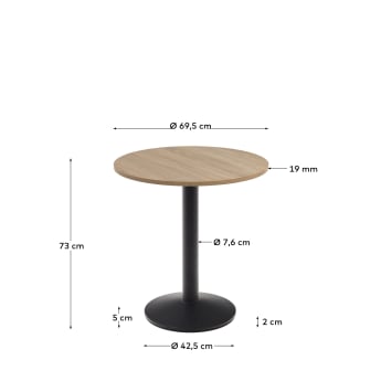 Esilda round table in natural finish melamine with metal leg in a painted black finish, Ø70x70 cm - sizes