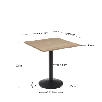 Τραπέζι Esilda από μελαμίνη σε φυσικό φινίρισμα και μεταλλική βάση σε μαύρο φινίρισμα, 70x70x70εκ - μεγέθη